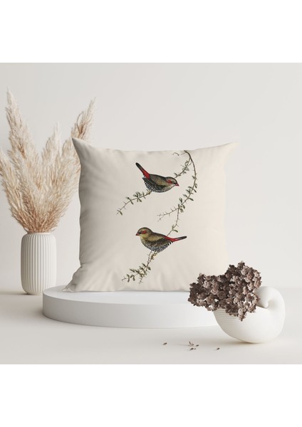 Ekru Kuş Desenli Filament Özel Dört Parça Kırlent ve Runer Set