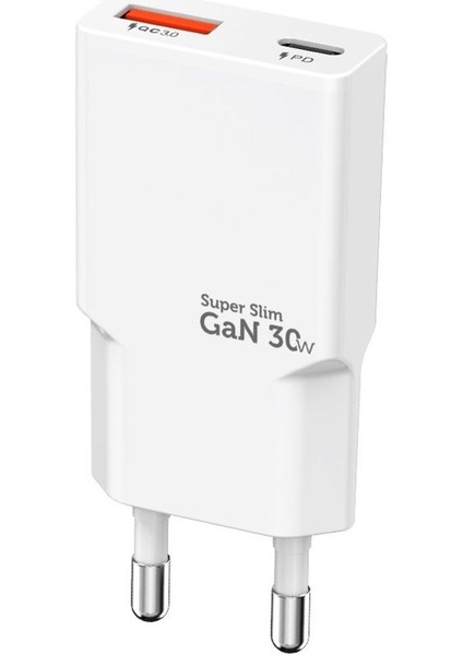 30W Süper Ince Hızlı Şarj Adaptörü 1x Usb-A + 1x Usb-C Pd 30W & Qc 3.0 Destekli Şarj Cihazı