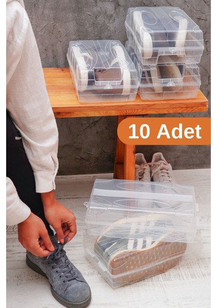 Tr 10 Adet - Ayakkabı Kutusu Şeffaf Ayakkabı Saklama Kutusu Kadın ve Erkek 10 Plastik Beyaz