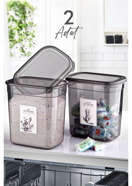 2 Etiketli 2 Adet Toz ve Tablet Deterjan Saklama Kutusu Deterjan Saklama Kabı - 2 Litre 10 x 15 Typ