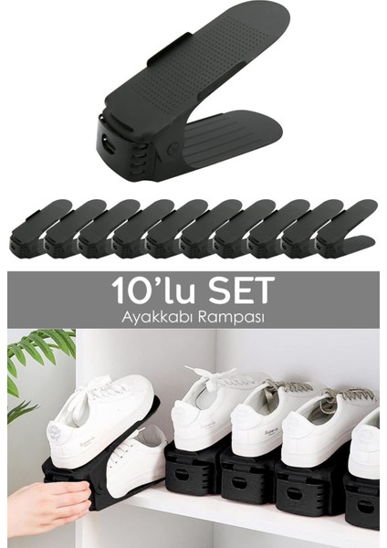 Siyah 10'lu Tekli Ayarlanabilir Ayakkabı Rampası - Dolap Içi Ayakkabı Düzenleyici Organizer Tr Plas