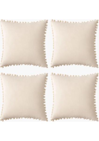 4'lü Krem Ponponlu Kırlent Kılıfı Seti 43X43 Cm, Şık ve Konforlu Ev Dekoru