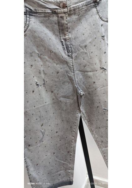 Büyük Beden Full Likralı Yüksek Belli Kar Yıkama Taşlı Yazlık Denim Kumaş Kapri fırsatları