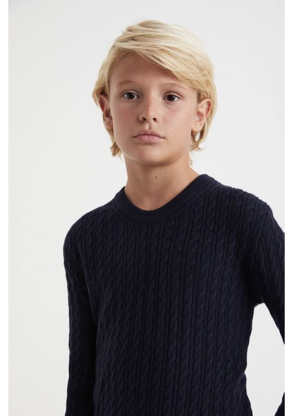 Saç Örgü Desenli Lambswool Lacivert Çocuk Kazak