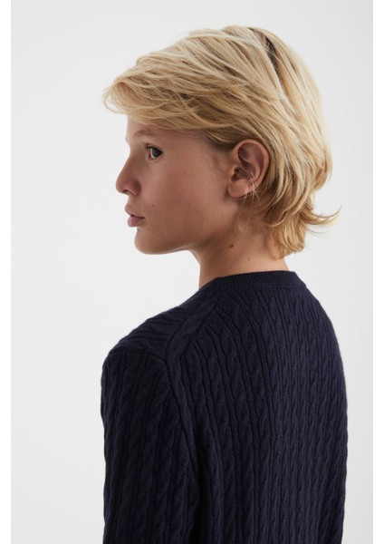 Saç Örgü Desenli Lambswool Lacivert Çocuk Kazak modelleri