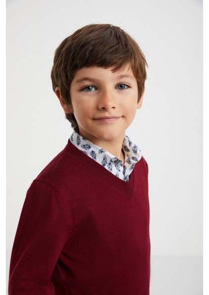 V Yaka Merino Yün Bordo Çocuk Triko