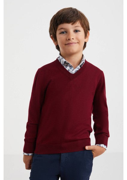 V Yaka Merino Yün Bordo Çocuk Triko fiyatları