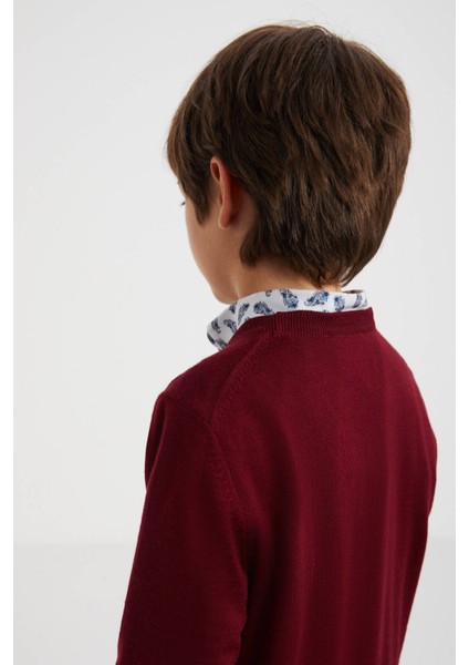 V Yaka Merino Yün Bordo Çocuk Triko modelleri