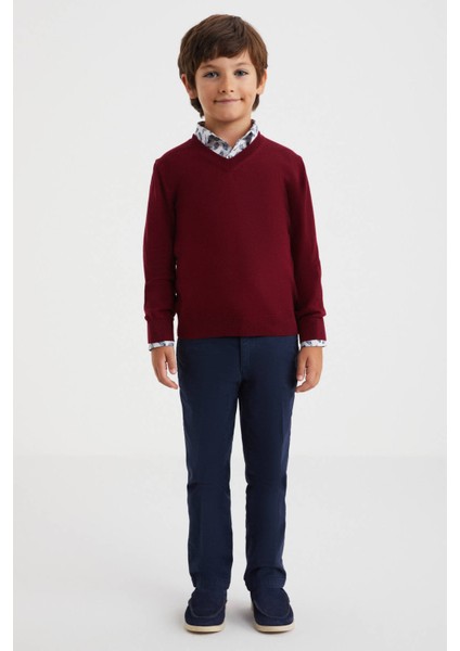 V Yaka Merino Yün Bordo Çocuk Triko fırsatları