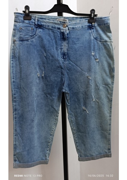 Büyük Beden Full Likralı Yüksek Belli Kar Yıkama Taşlanmış Yazlık Denim Kumaş Kapri