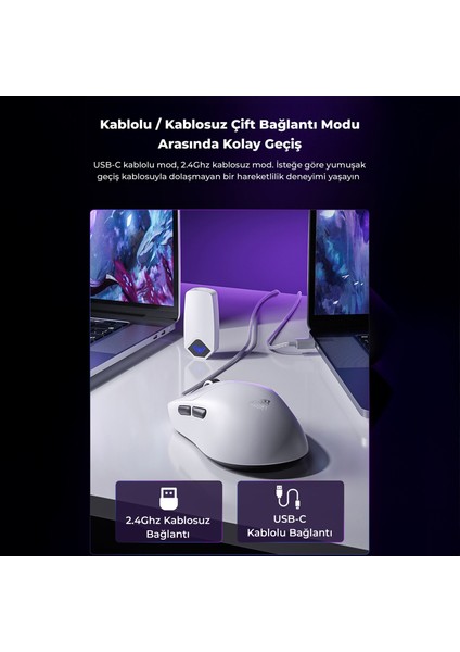 SC800 Lightweight PAW3395 Sensor 26000 Dpı 8000Hz Kablolu ve Kablosuz Gaming Oyuncu Mouse Siyah