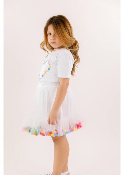 Kız Çocuk 2'li Takım Baskılı Kısa Kollu Tişört Üst Beli Lastikli Ponponlu Beyaz Tütü Etek Alt
