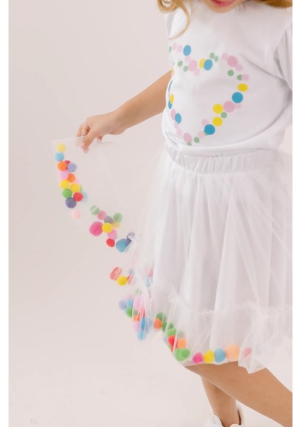 Kız Çocuk 2'li Takım Baskılı Kısa Kollu Tişört Üst Beli Lastikli Ponponlu Beyaz Tütü Etek Alt modelleri