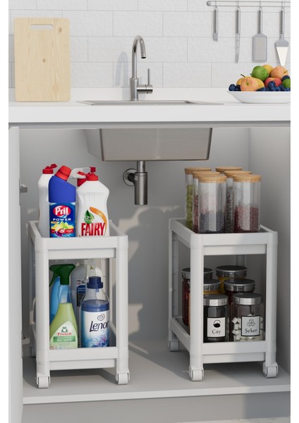 2 Katlı Tekerlekli Düzenleyici Raf , Banyo Dolabı, Mutfak Tezgah ve Evye Altı, Deterjanlık Beyaz fiyatları