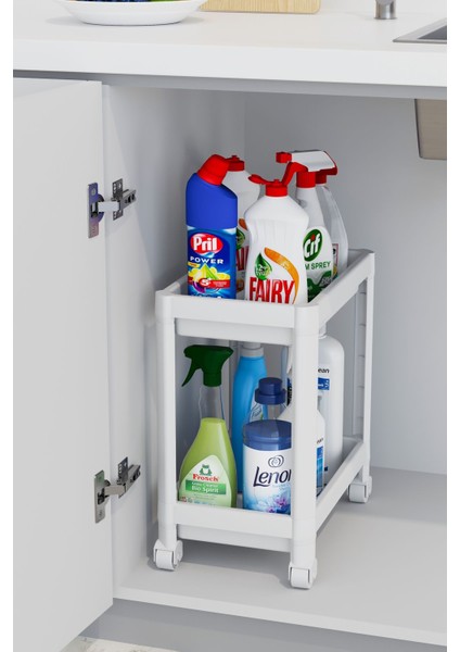 2 Katlı Tekerlekli Düzenleyici Raf , Banyo Dolabı, Mutfak Tezgah ve Evye Altı, Deterjanlık Beyaz modelleri
