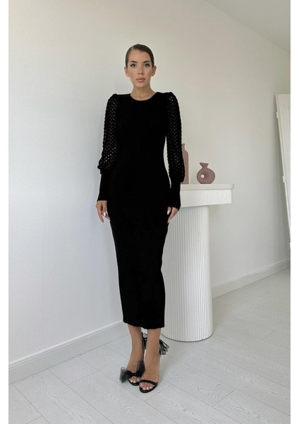 Siyah Kolları Örgülü Triko Elbise fiyatları