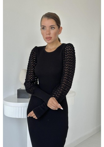 Siyah Kolları Örgülü Triko Elbise modelleri