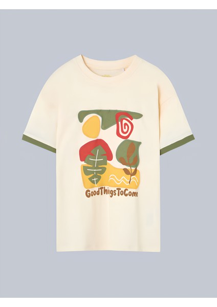 06-10 Yaş Arası Losan Krem Yapraklı T-Shirt - Krem