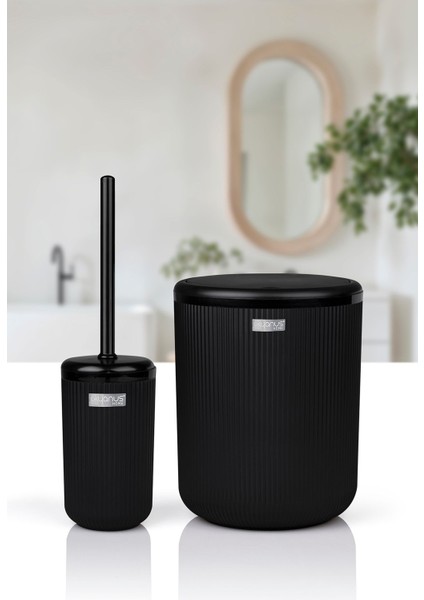 Şık Siyah Çizgili Yuvarlak 2'li Tuvalet Kova ve Fırça Takımı