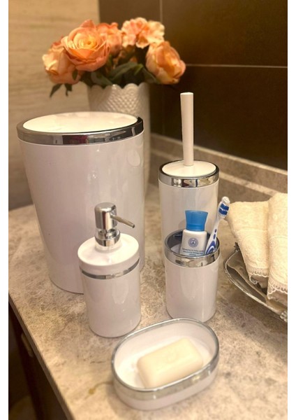 5'li Yuvarlak Banyo Seti, Akrilik, Çöp Kovası, Wc Fırçalık, Sabunluk, Diş Fırçalık, El Sabunluk