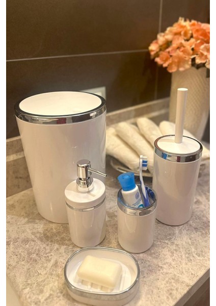 5'li Yuvarlak Banyo Seti, Akrilik, Çöp Kovası, Wc Fırçalık, Sabunluk, Diş Fırçalık, El Sabunluk modelleri