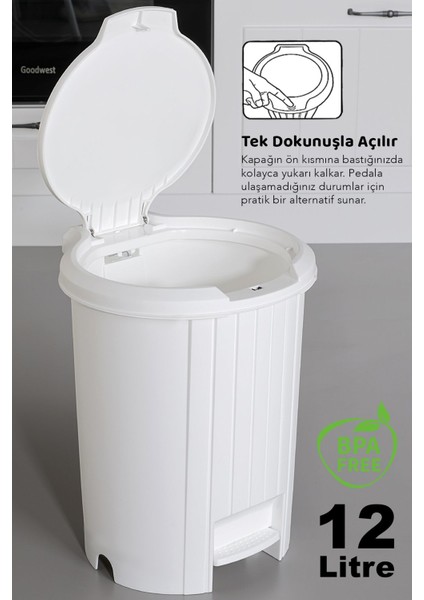 Beyaz Bas Aç Kapaklı Pedallı Çöp Kovası 12 Litre, Banyo ve Mutfak Için Uygun fiyatları