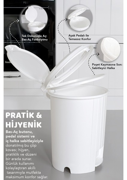 Beyaz Bas Aç Kapaklı Pedallı Çöp Kovası 12 Litre, Banyo ve Mutfak Için Uygun modelleri