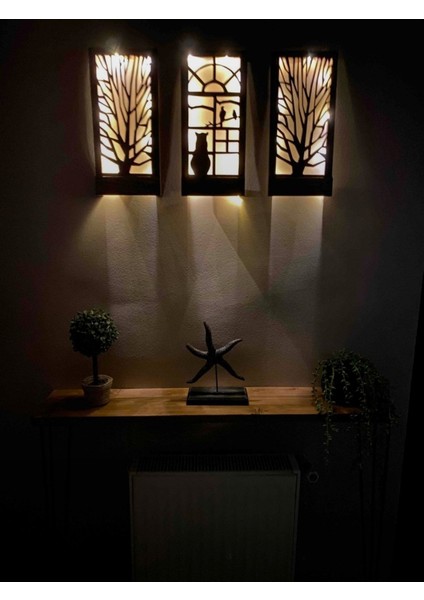 Ledli Masif Panel Üçlü Dekoratif Tablo, 36X18CM, Ev, Antre, Balkon Süs.