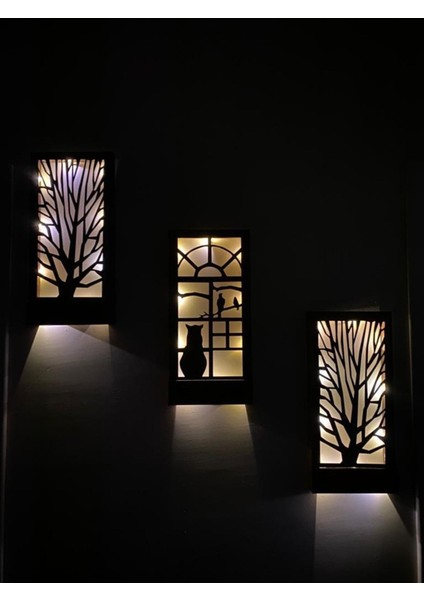 Ledli Masif Panel Üçlü Dekoratif Tablo, 36X18CM, Ev, Antre, Balkon Süs.