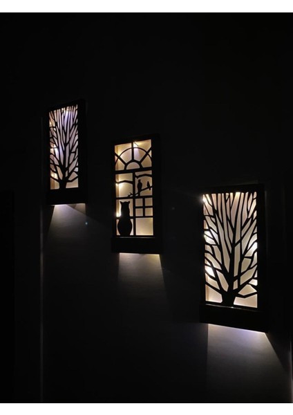 Ledli Masif Panel Üçlü Dekoratif Tablo, 36X18CM, Ev, Antre, Balkon Süs.