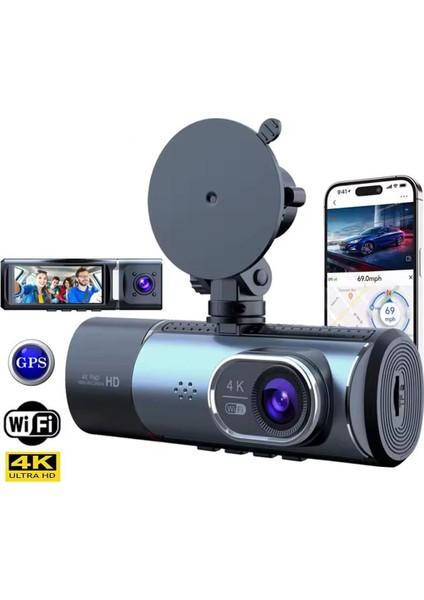 PM-27086 3.16" Tft Ekran Çift Kameralı Gps Modüllü Hd Araç Kamerası Dvr (128GB Destekli)