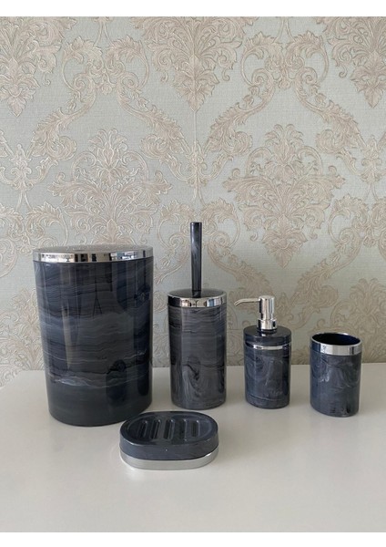 5 Parça Mermer Desen Gümüş Banyo Seti: Fırçalık, Sabunluk, Çöp Kovası, Diş Fırçalık