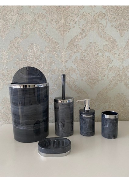 5 Parça Mermer Desen Gümüş Banyo Seti: Fırçalık, Sabunluk, Çöp Kovası, Diş Fırçalık fiyatları