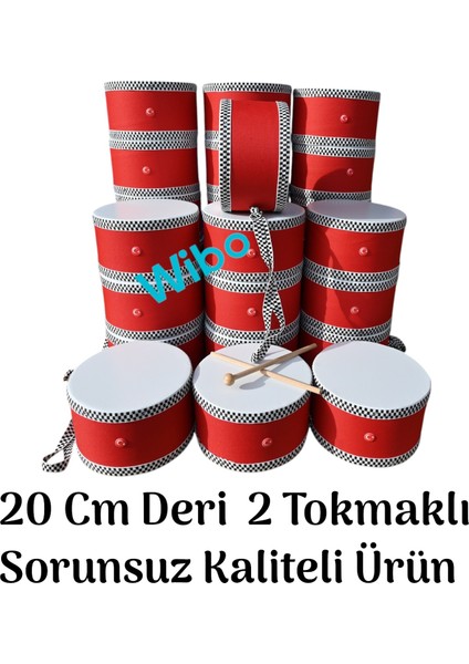 Askılı Ahşap Deri Çocuk Davulu Deri Davul 2 Tokmaklı 20 cm Kırmızı