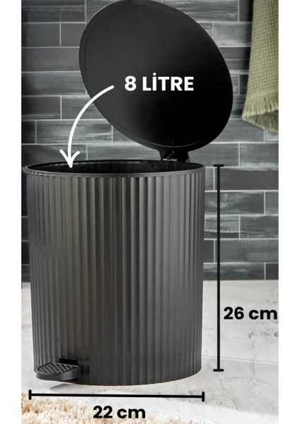 Yuvarlak Pedallı Çöp Kovası, Çizgili Kapak, Banyo ve Mutfak Için Siyah