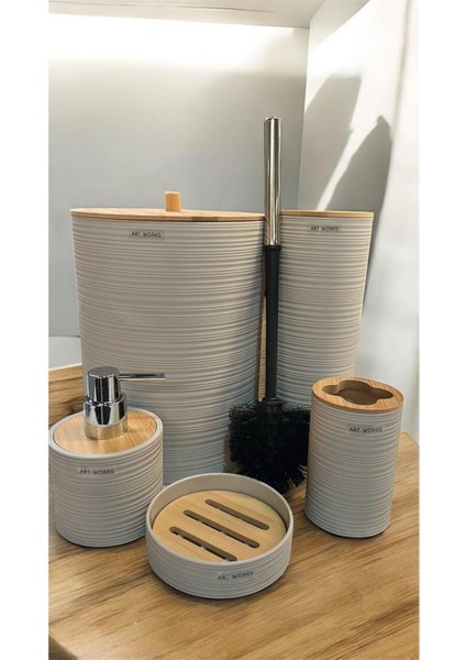 Bambu Desenli 5'li Banyo Seti, Şık ve Kullanışlı Beyaz Bej Renk Seçenekleriyle