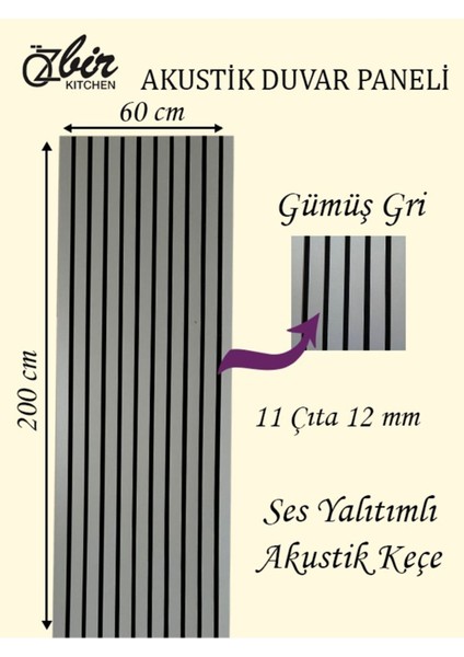 Gümüş Gri Akustik Ahşap Duvar Paneli 60X20CM, Şık ve Fonksiyonel Tasarım