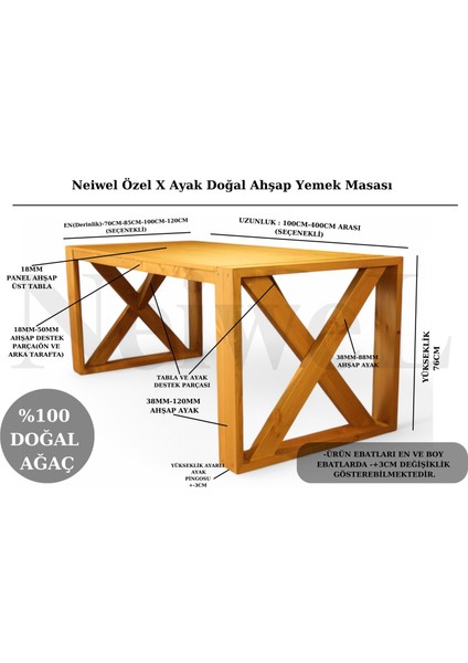 Velmar Doğal Ahşap Yemek MASASI-80CM-200CM(SADECE Masa)