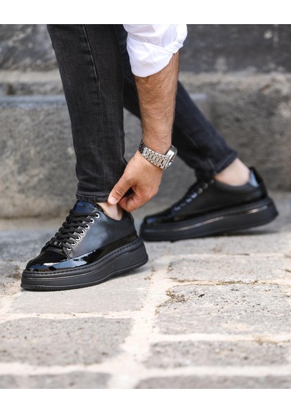 Black Roglan Shiny 0130 Hakiki Deri Günlük Erkek Sneaker Siyah