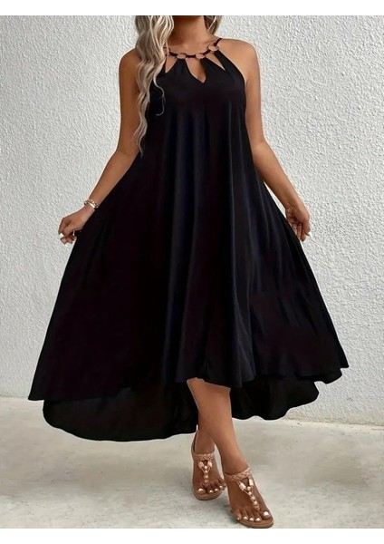 Kadın Boyundan Askılı Damla Detaylı Halkalı Asimetrik Kesim Viskon Elbise fiyatları