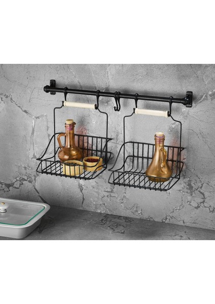 Siyah Retro Ferforje Metal Sepet ve Kanca Seti, 2'li, Modern ve Şık Tasarım