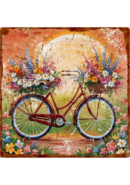 Retro Çiçekli Bisiklet Temalı Uv Baskılı Alüminyum Dekoratif Levha– Metal Duvar Süsü