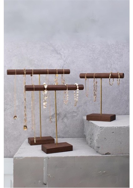 3'lü Ceviz Rengi Takı Düzenleyici, Dekoratif Kolye Askısı ve Standı