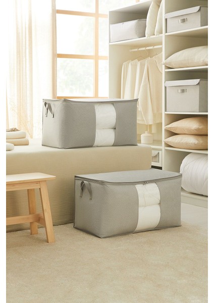 Gri Balıksırtı Pencereli Yastık Yorgan Kazak Seti 75X40X40, 2 Adet