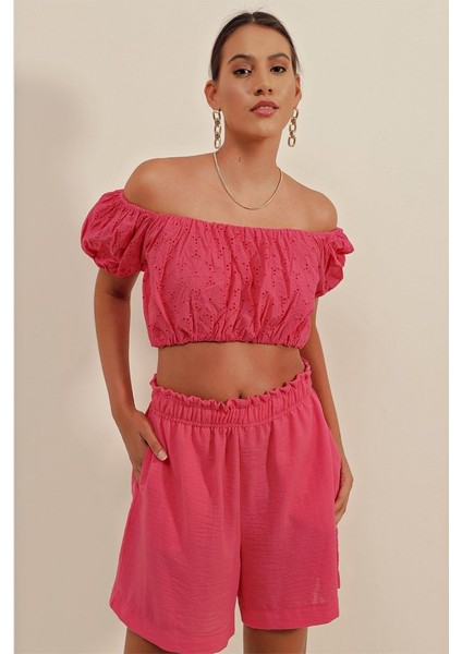 0481 Fistolu Straplez Bluz - Fuşya