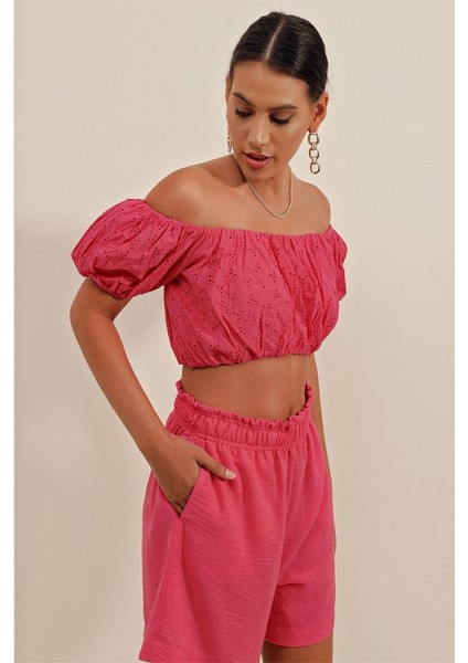 0481 Fistolu Straplez Bluz - Fuşya fiyatları