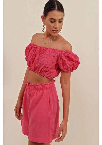 0481 Fistolu Straplez Bluz - Fuşya modelleri