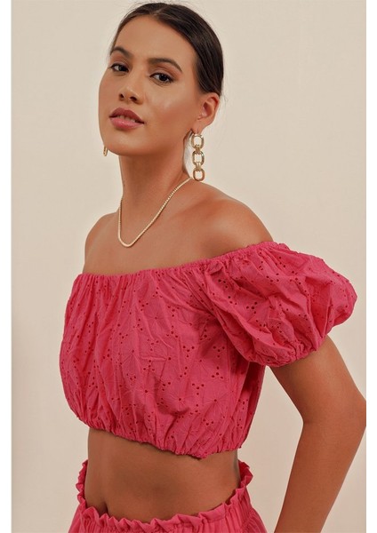 0481 Fistolu Straplez Bluz - Fuşya fırsatları
