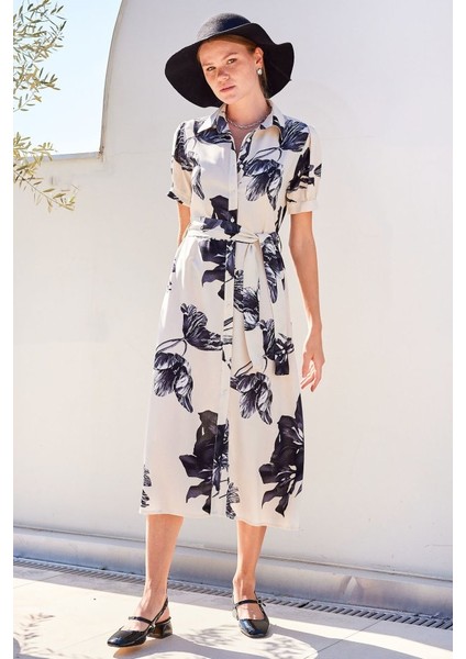 2213 Kısa Kol Viskon Elbise - Ekru fiyatları