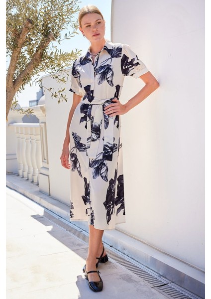 2213 Kısa Kol Viskon Elbise - Ekru modelleri